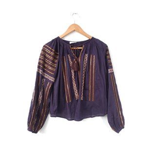 LOVE SHACK FANCY Top Women XS Western‎ Peasant Blouse Sequin Tussled Boho NEW